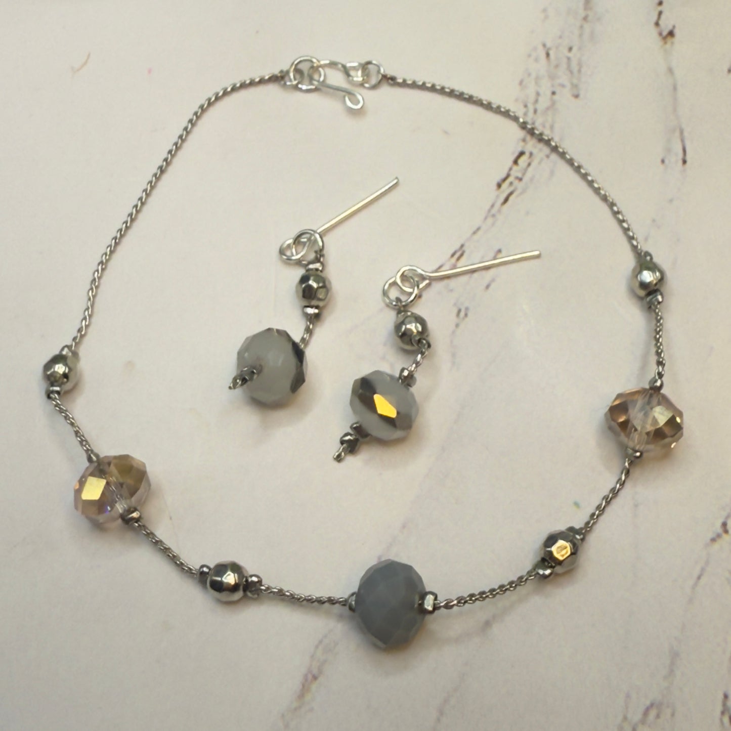 Gray Metallic Glass Crystal Beaded Silver Chain Doll Necklace• 18 Inch Fashion Doll Jewelry