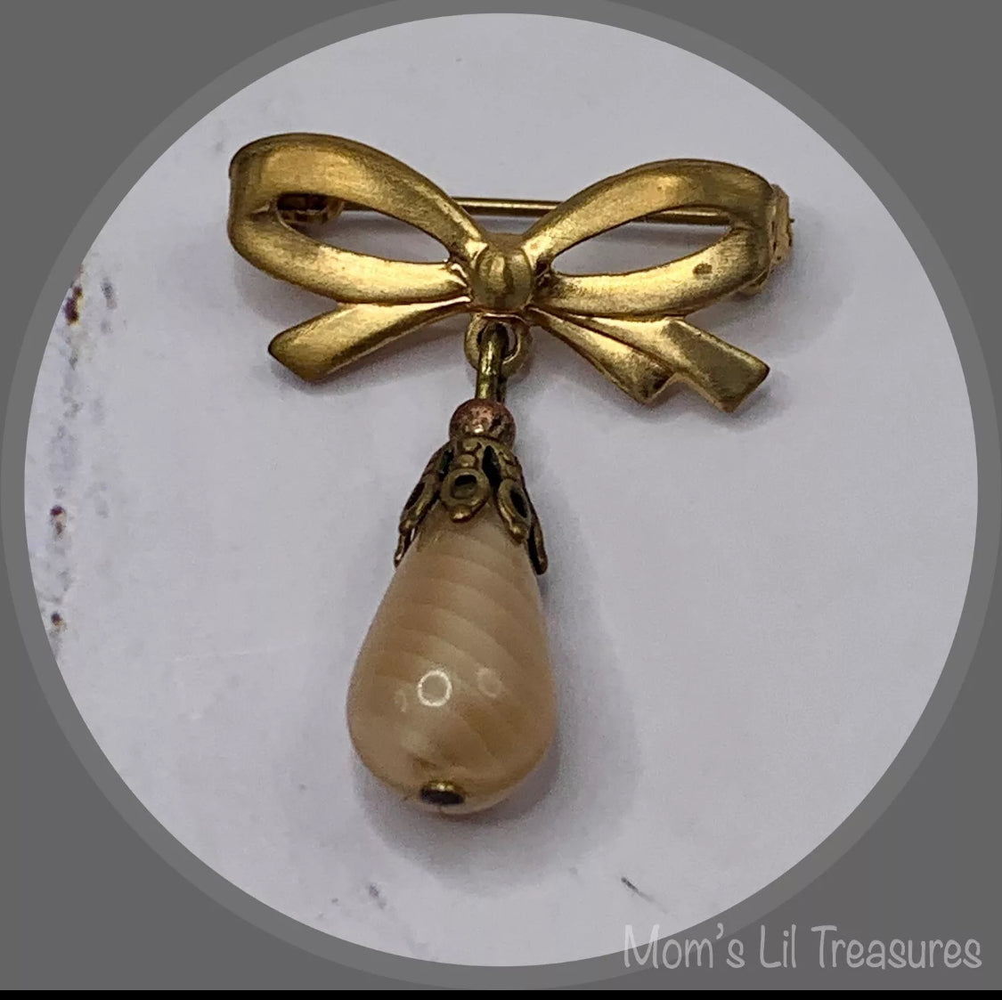 Tan Beige Glass Teardrop Pendant with Gold Tone Bow Pin • Doll Brooch