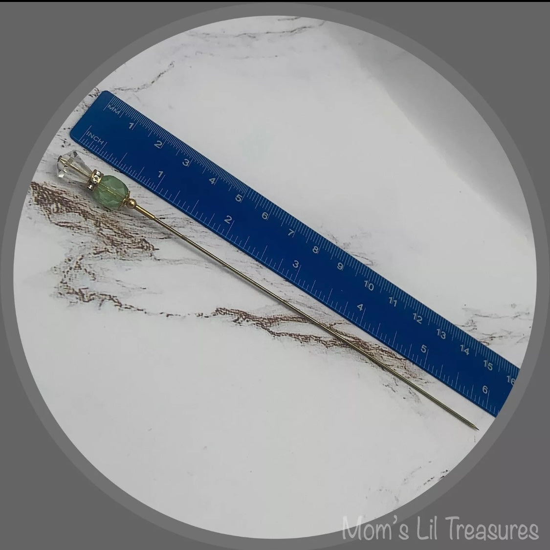 Green Glass Crystal - Gold Tone - Clear Rhinestone • 6” Pin • Hatpin - Stick Pin