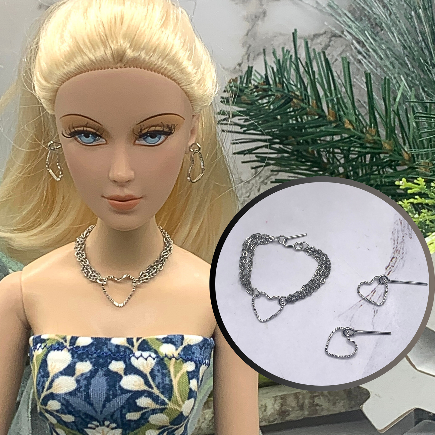 Silver Heart Dangle Multi Chain Doll Necklace Earring Set • 16” Doll Jewelry