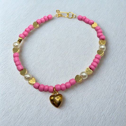 Pink & Pearl Beaded Gold Heart Valentine’s Day Doll Necklace • 18 Inch Fashion Doll Jewelry
