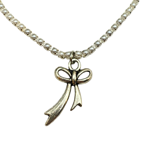 Tiny Pearl Cup Chain Silver Necklace Silver Bow Ribbon Charm Doll Necklace for 18 Inch Fashion Doll Jewelry