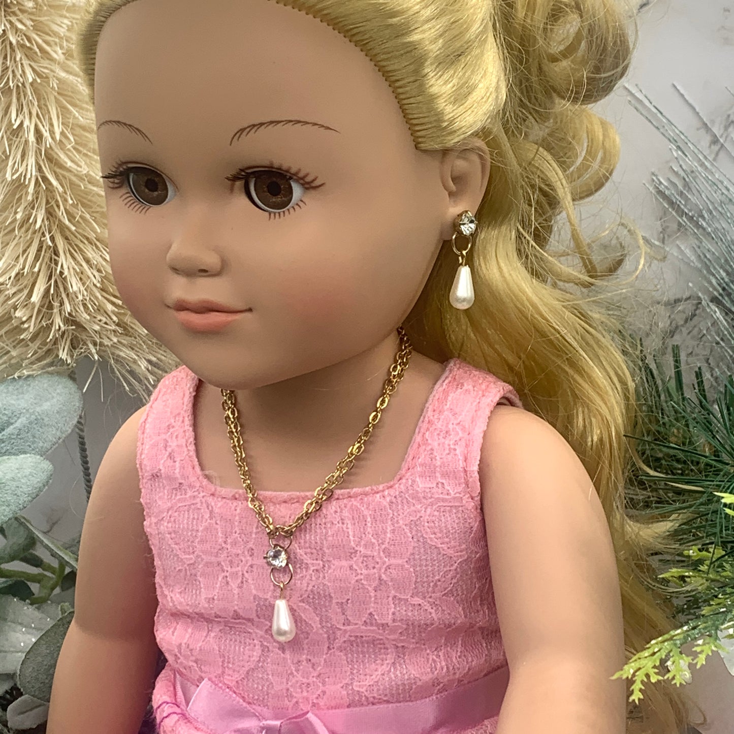 Clear Rhinestone Teardrop Pearl Gold Doll Necklace Earring Set 18” Doll Jewelry