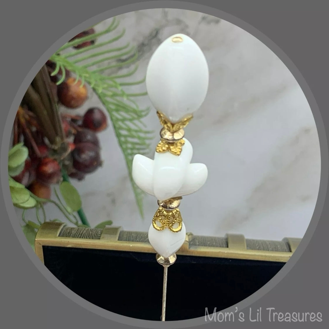 White Glass - Gold Tone Filigree - 8” Pin • Hatpin - Stick Pin