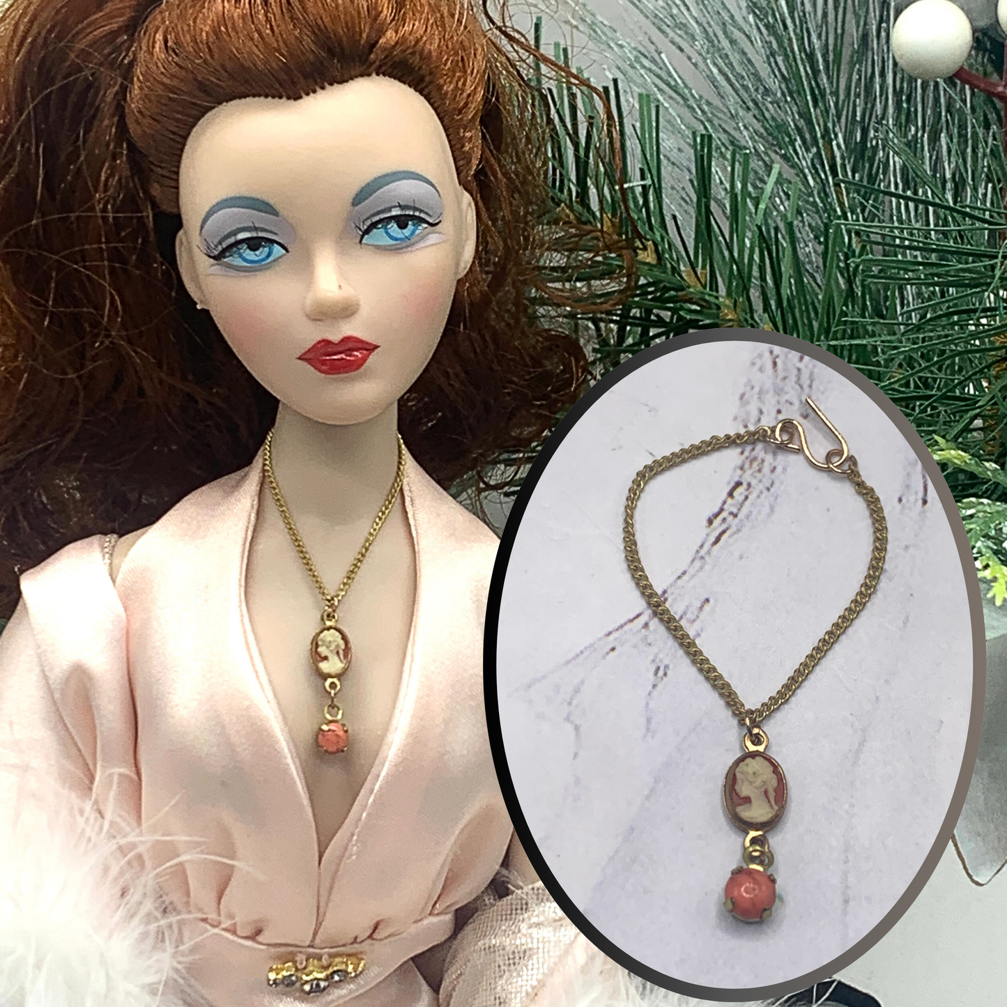 Coral Cameo Pendant Gold Chain Doll Necklace • 16” Fashion Doll Necklace
