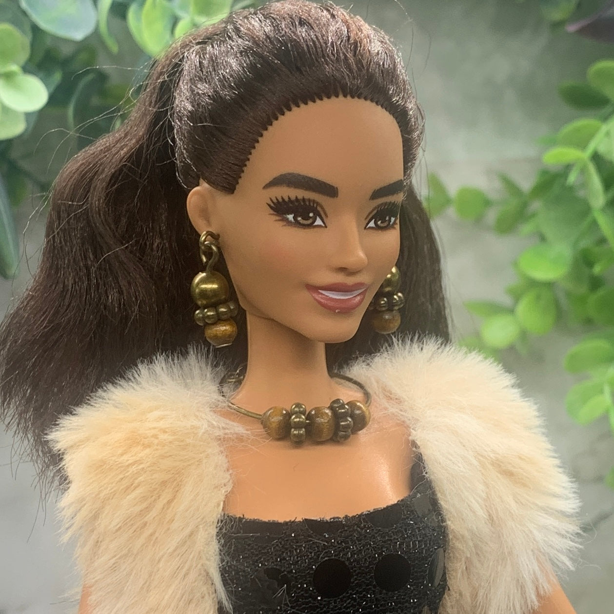 Brown Bronze Beaded Wire Doll Necklace Earring Set • 10-12” 1:6 Doll Jewelry