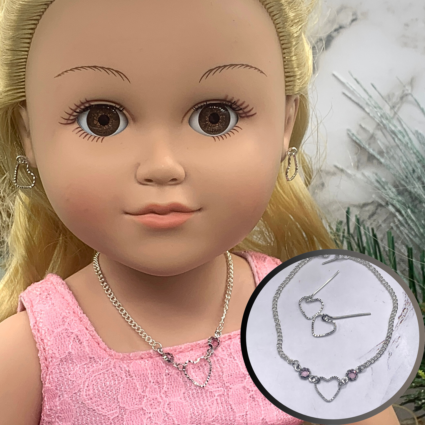 Silver Heart Chain Purple Crystal Necklace Earring Set • 18 Inch Fashion Doll