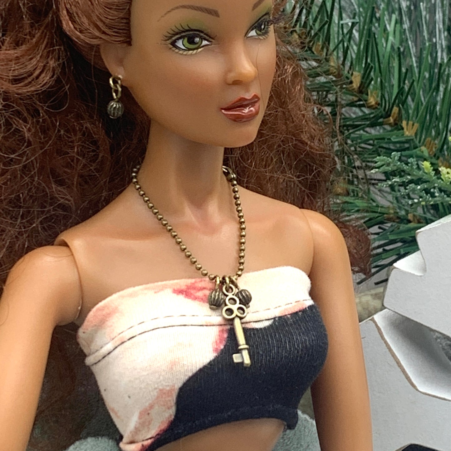 Bronze Key Pendant Chain Doll Necklace Matching Earrings Set • 16” Doll Jewelry
