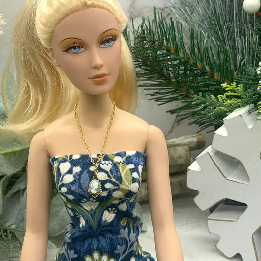 Blue Cameo Pendant Gold Chain Doll Necklace • 16 Inch Fashion Doll Jewelry