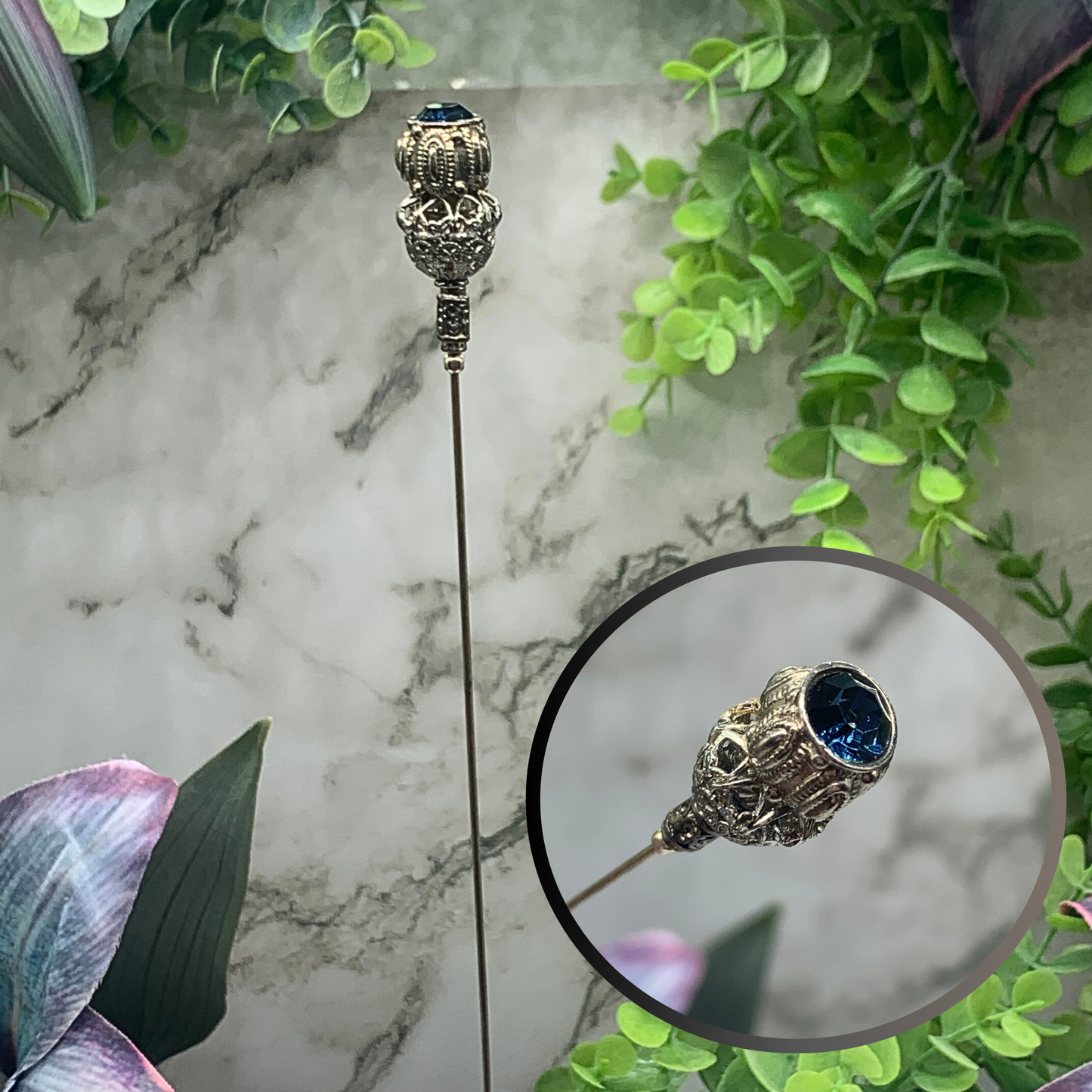 Blue Rhinestone Silver Filigree - 8.5” • Hatpin - Stick Pin