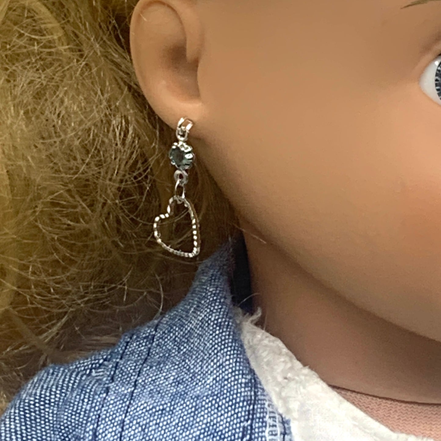 Blue Crystal Silver Heart Dangle Doll Earrings • 18 Inch Fashion Doll Jewelry