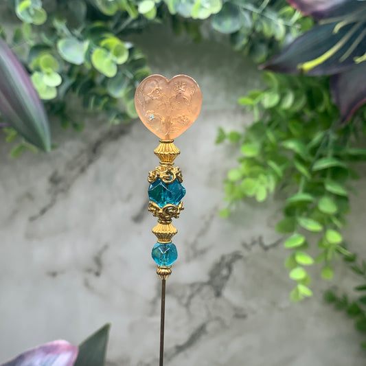 Turquoise Blue Crystal Pink Rainbow & Etched Flower Design Heart 8.25” Hatpin