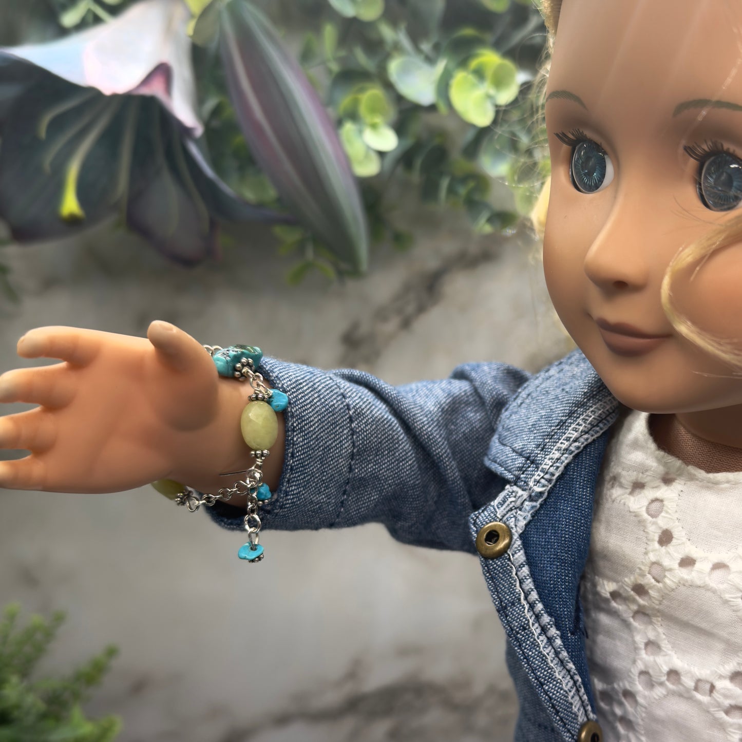Light Green Turquoise Blue Beaded Dangle Doll Bracelet • 18 Inch Doll Jewelry