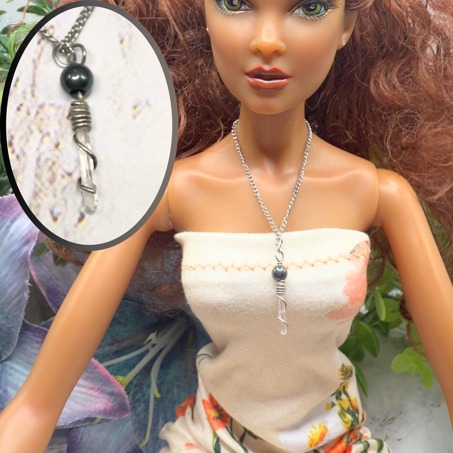 Metallic Gray Quartz Crystal Pendant Doll Necklace • 16 Inch Fashion Doll Jewelry