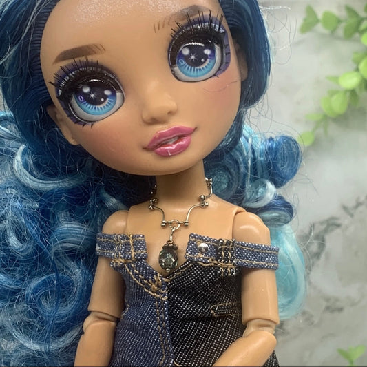 Grayish Green Glass Pendant Silver Link Doll Necklace • 10-12” Doll Jewelry 1:6