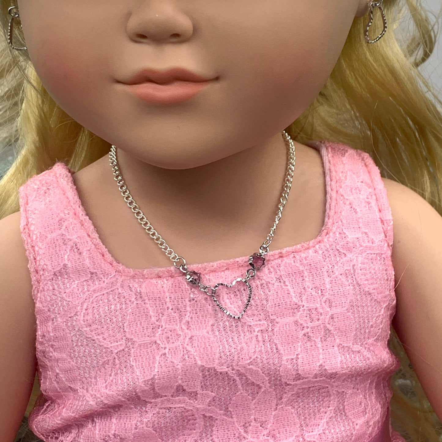 Silver Heart Chain Purple Crystal Necklace Earring Set • 18 Inch Fashion Doll