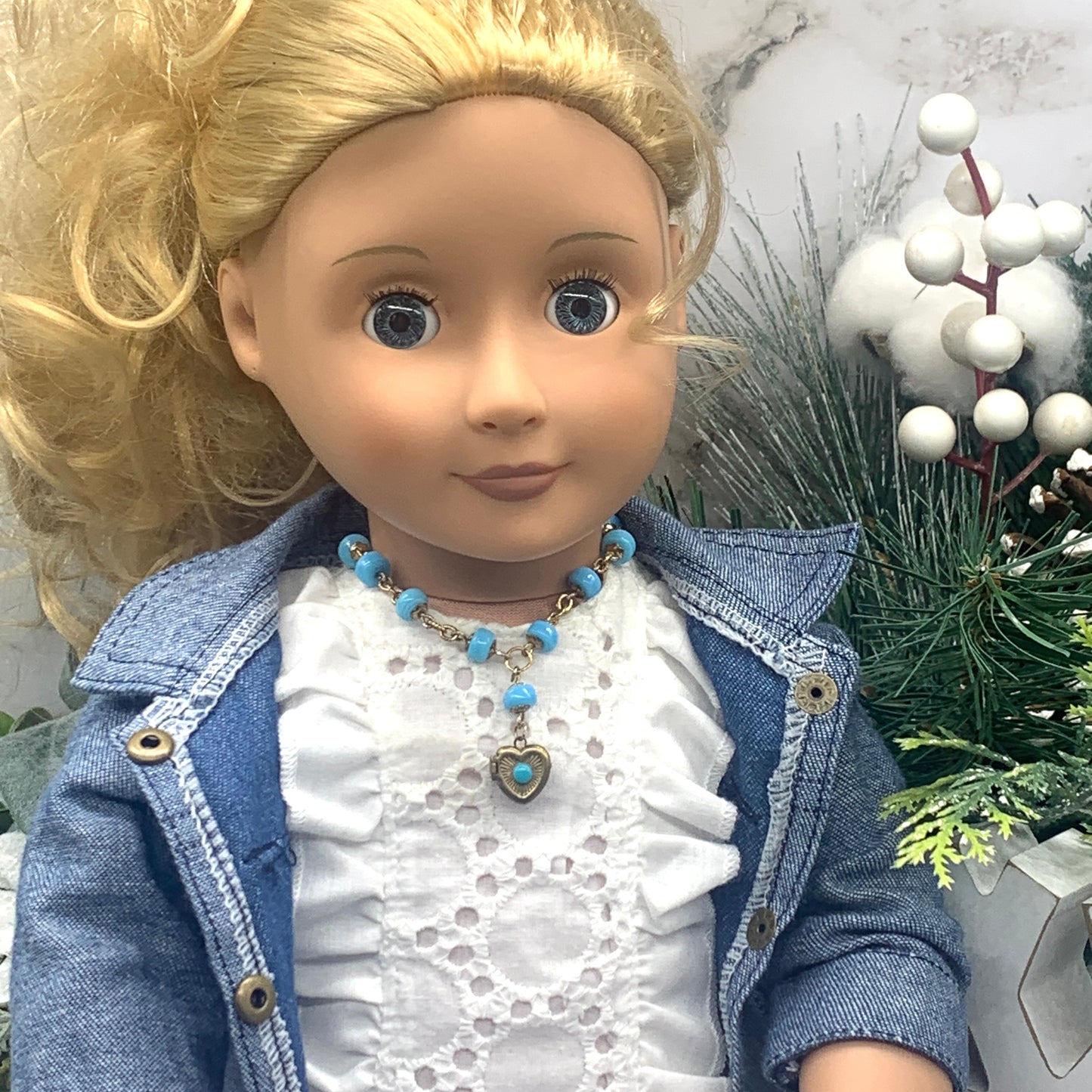 Blue Glass Beaded Heart Locket Gold Tone Chain Doll Necklace • 18” Doll Jewelry