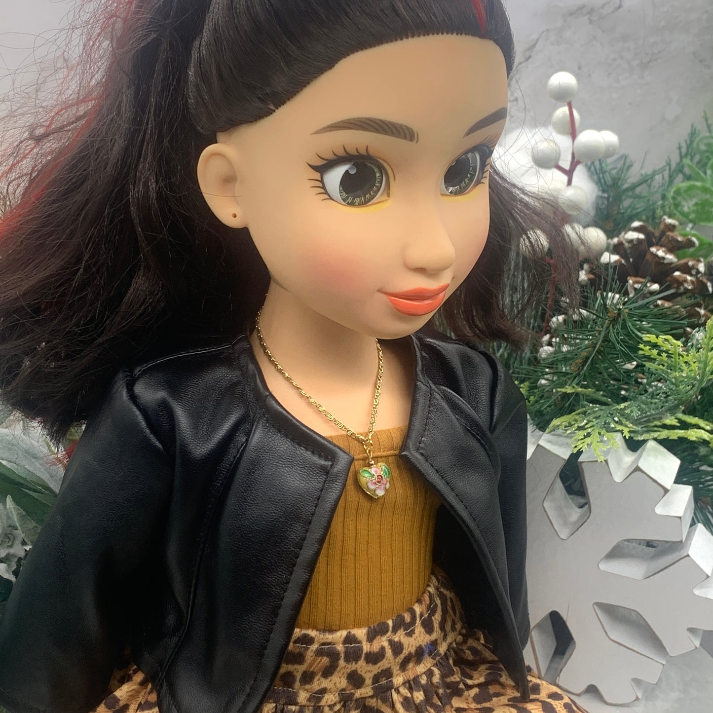 Cloisonné Heart Flower Design Charm Gold Chain Doll Necklace • 18” Doll Jewelry