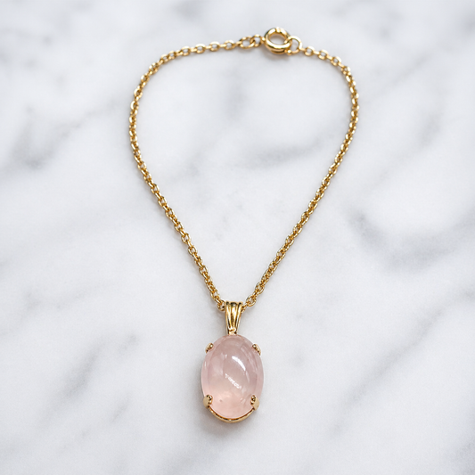 Oval Opal Light Pink Glass Pendant Gold Chain Doll Necklace • 18” Doll Jewelry