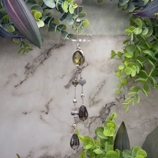 Gray Metallic Glass Crystal Dangle Silver Chain • Car Mirror Charm / Sun Catcher