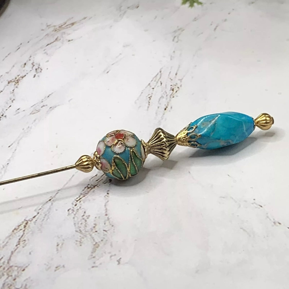 Turquoise Blue Gold Glass Cloisonné Flower Design - 6.75” • Hatpin - Stick Pin