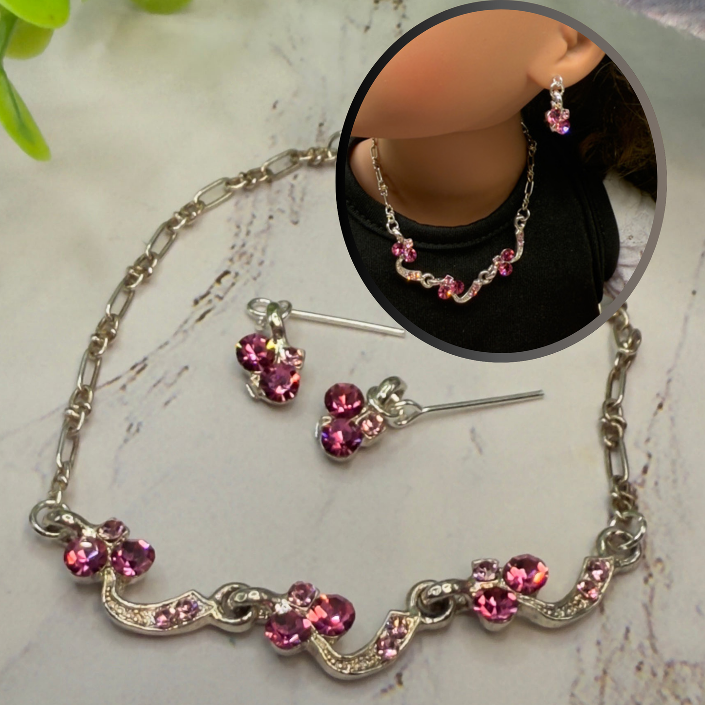Light Dark Pink Rhinestone Silver Curved Link Doll Necklace & Earrings Set • 18 Inch Fashion Doll Jewelry