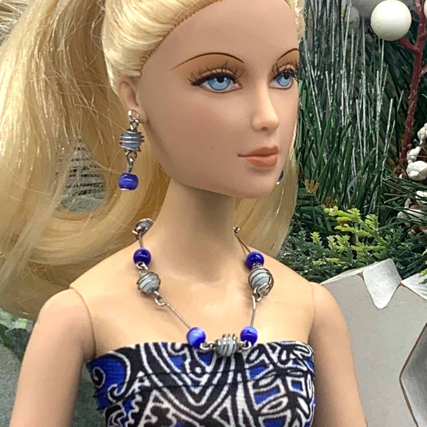 Shades Of Blue Glass Silver Link Doll Necklace Earring Set • 16” Doll Jewelry