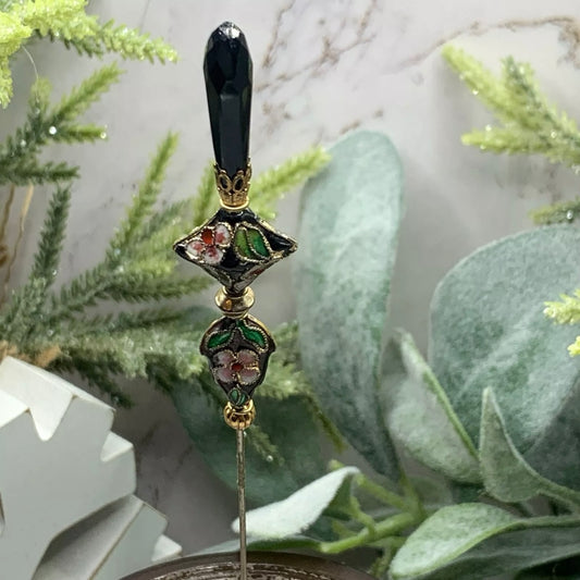 Black Teardrop Crystal Cloisonné Flower Floral Design Gold Filigree • 7” Hatpin