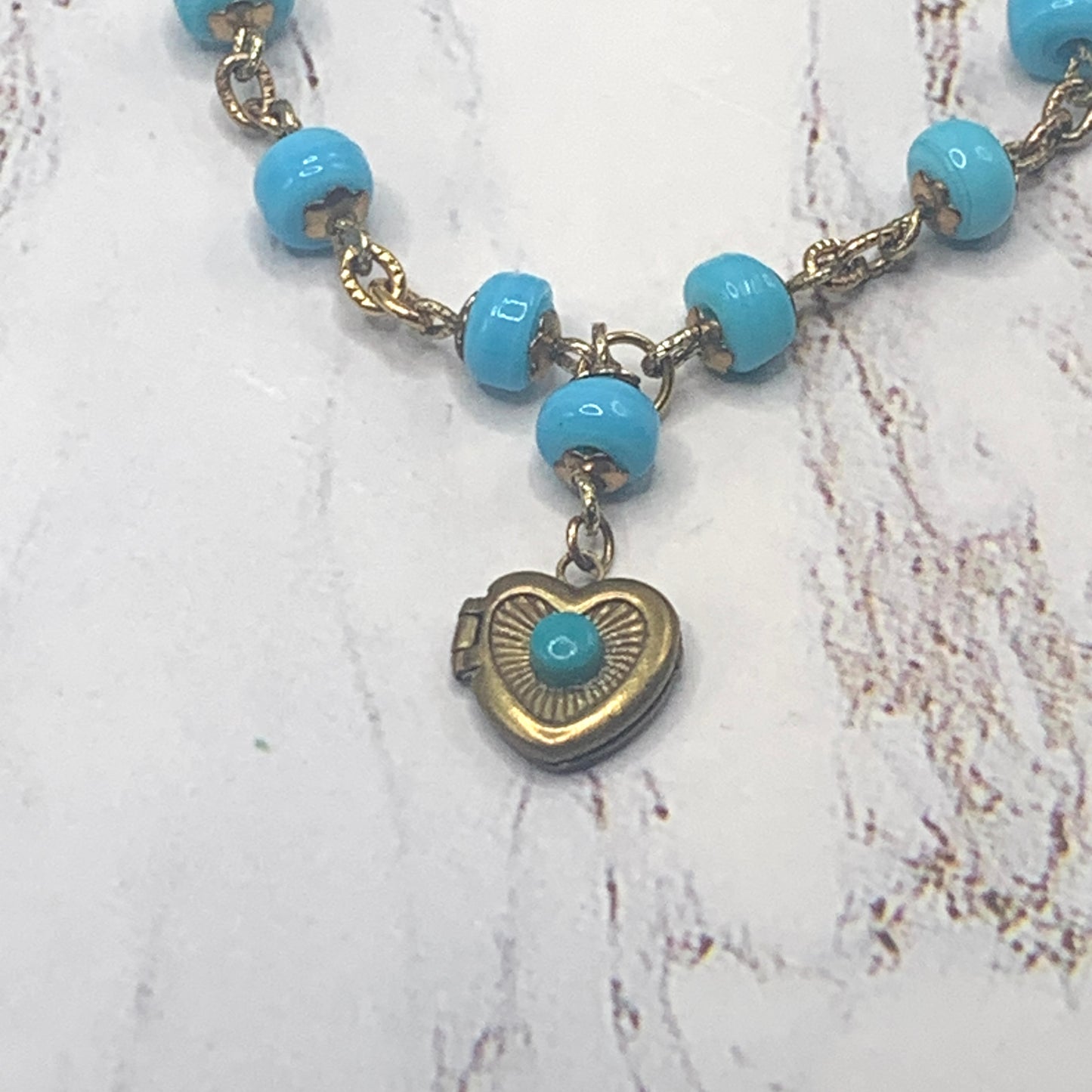 Blue Glass Beaded Heart Locket Gold Tone Chain Doll Necklace • 18” Doll Jewelry