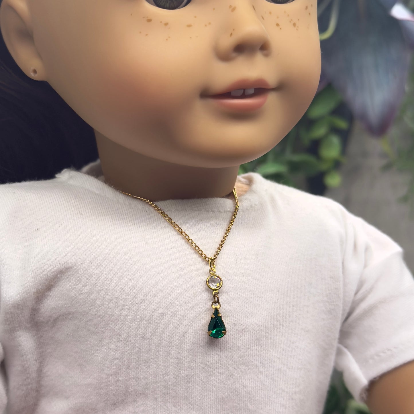 Green Teardrop Rhinestone Gold Doll Necklace • 18 Inch Fashion Doll Jewelry