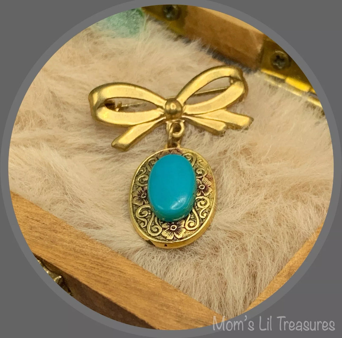 Gold Tone Turquoise Blue Pendant • Doll Brooch
