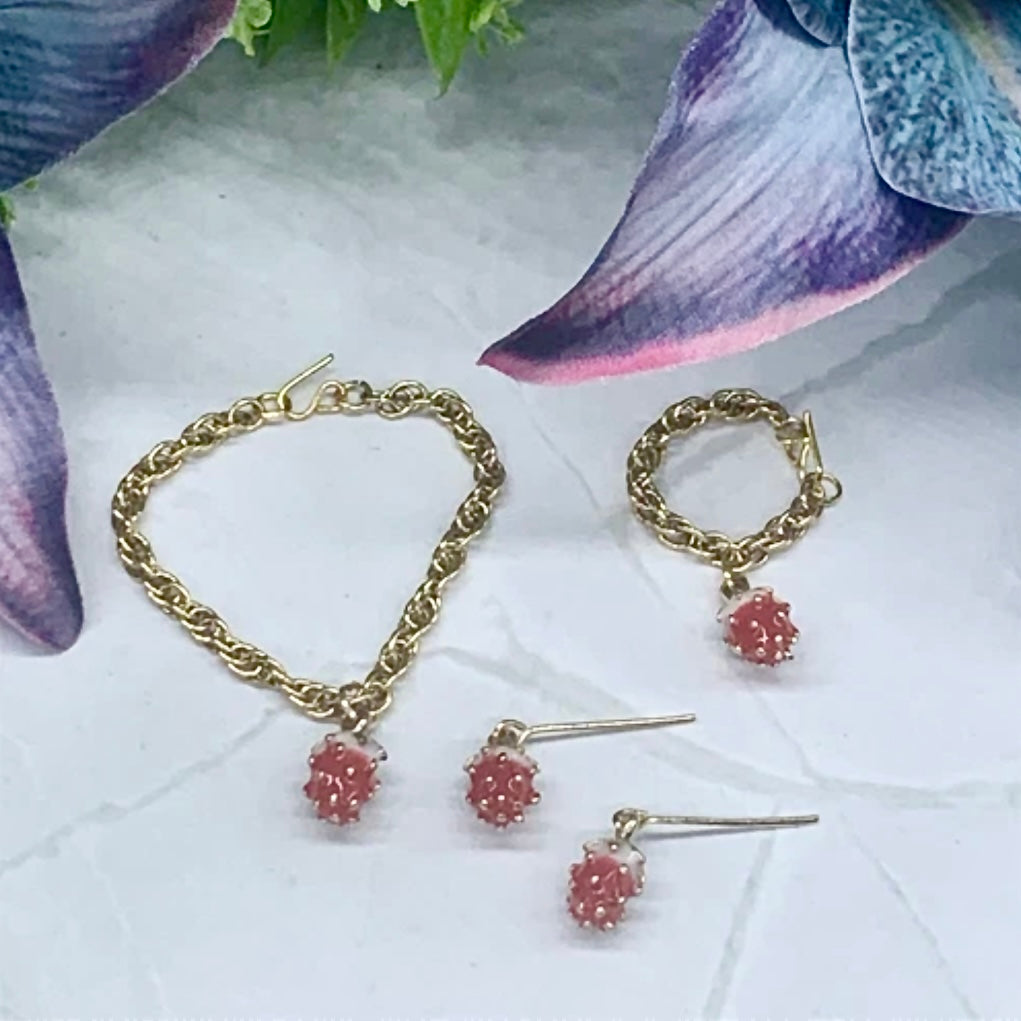 Strawberry Charm Gold Chain Doll Necklace Earring Bracelet Set 14” Wellie Wisher
