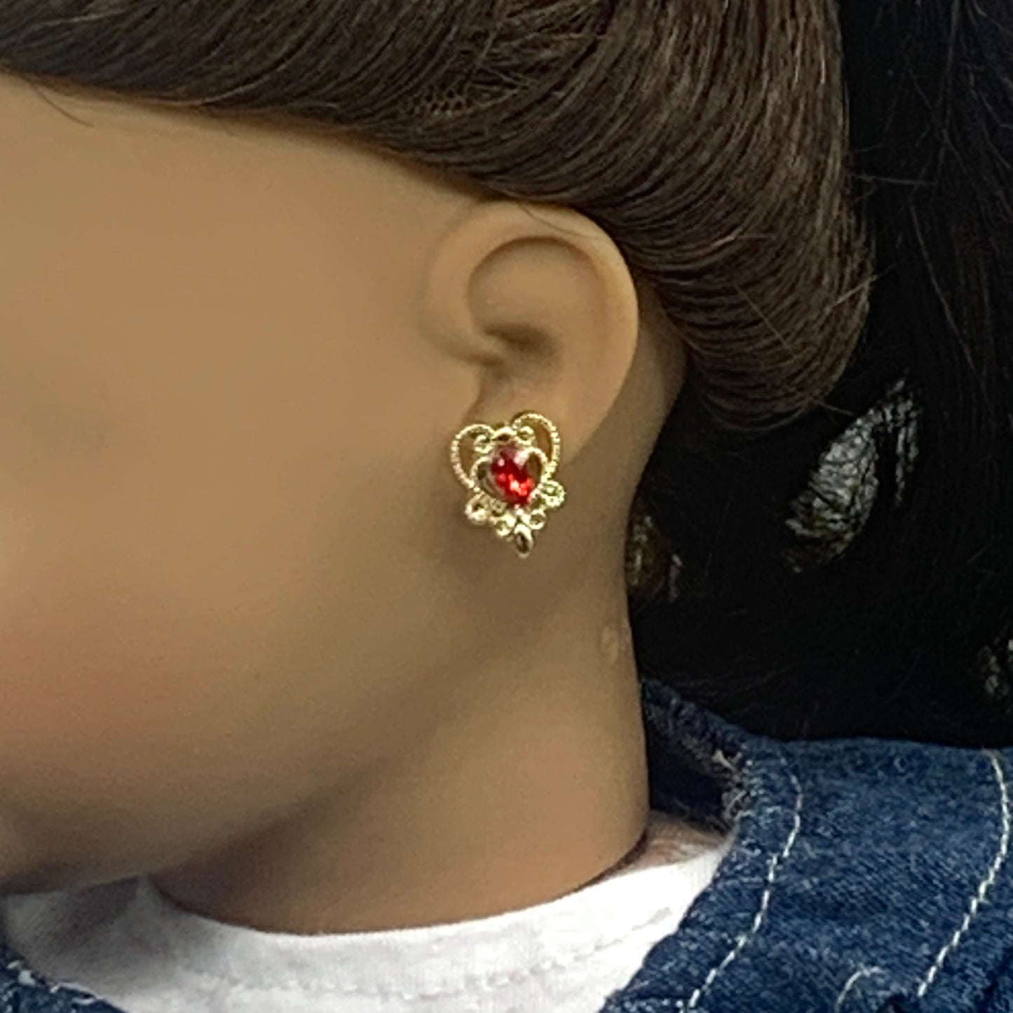 Gold Filigree Heart Red Rhinestone Doll Earrings 2mm Post fit 18” American Girl