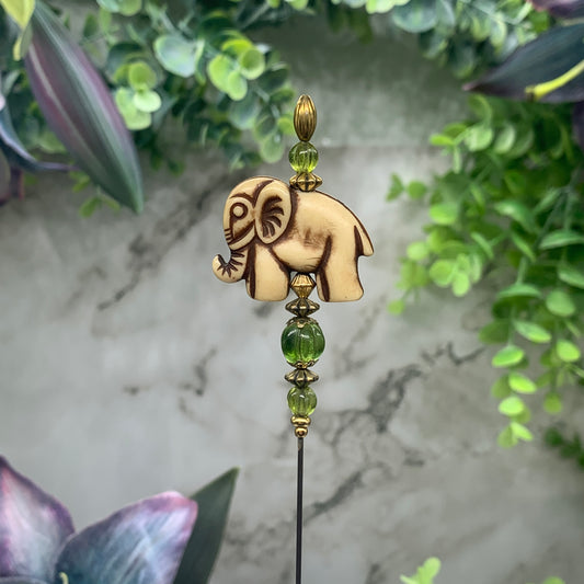 Green Glass Crystal & Elephant Hatpin - Stick Pin • 8” Pin