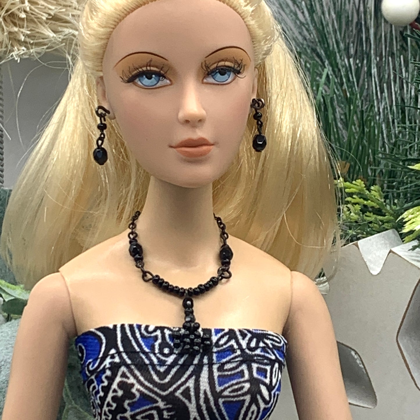 Black Beaded Y Drop Flower Doll Necklace Matching Earring Set • 16” Doll Jewelry