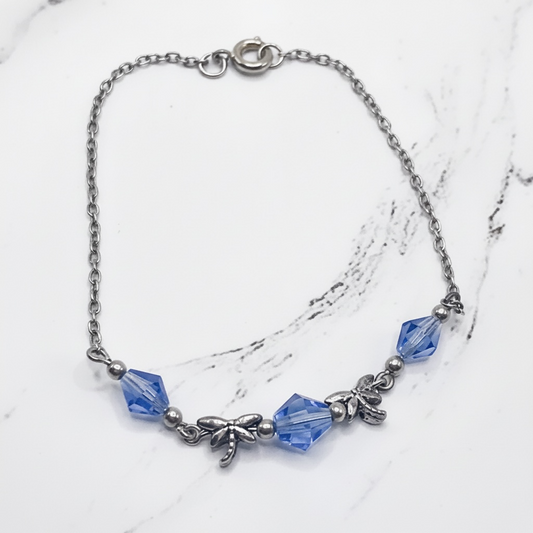 Silver Dragonfly Charms Blue Glass Crystal Doll Necklace • 18 inch Fashion Doll Jewelry