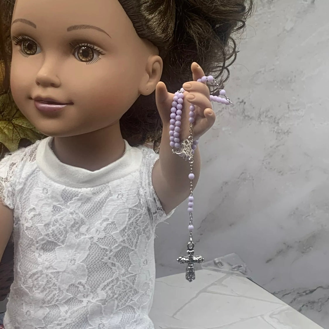 Catholic Rosary Doll Size Light Purple Beaded Silver Cross