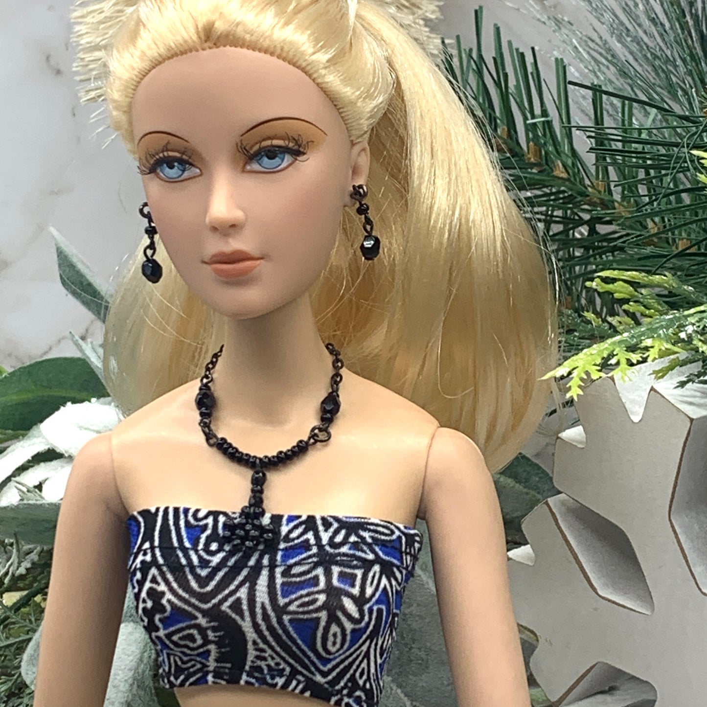 Black Beaded Y Drop Flower Doll Necklace Matching Earring Set • 16” Doll Jewelry