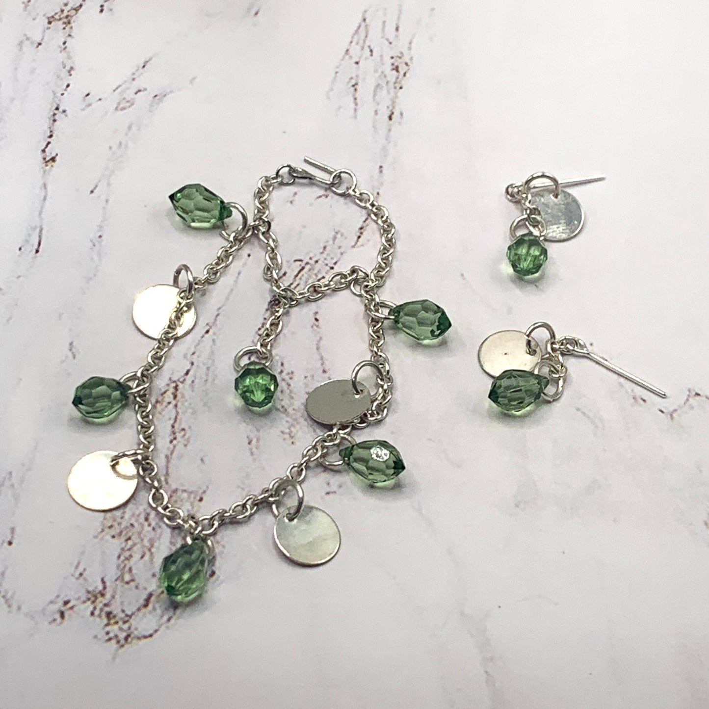 Green Clear Acrylic Crystal Silver Doll Necklace Earring Set • 16” Doll Jewelry