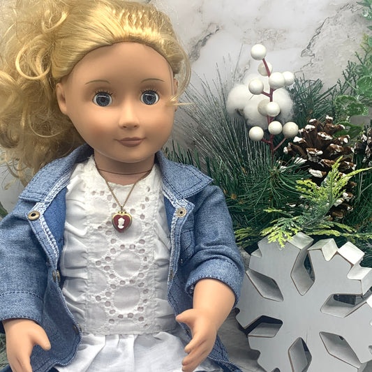 Burgundy Red Heart Cameo Locket Gold Chain Doll Necklace • 18” Doll Jewelry