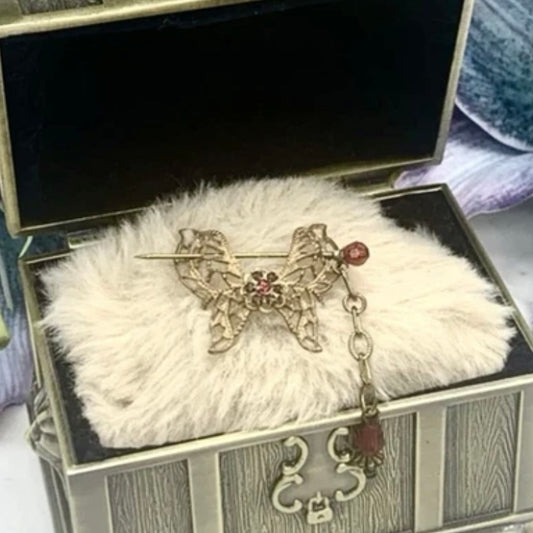 Butterfly Filigree Hair Clip Barrette Chain Dangle Red Crystal Hair Pin