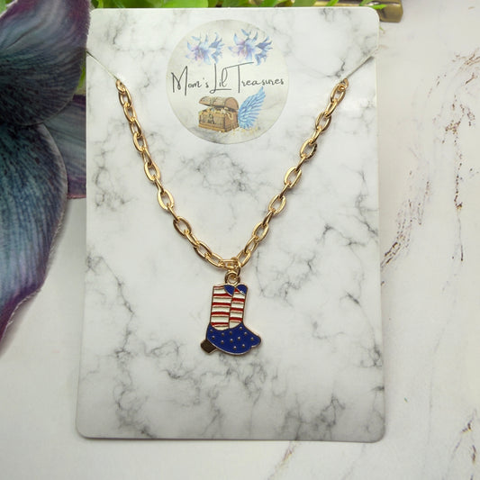 Red White Blue Flag Cowboy Boots Charm Gold Chain Doll Necklace for 18 Inch Fashion Doll