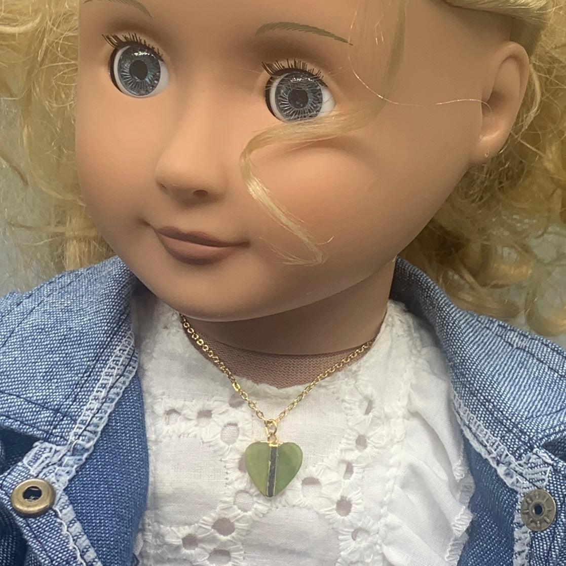 Green Glass Heart Pendant Gold Tone Necklace • 18 Inch Fashion Doll Jewelry