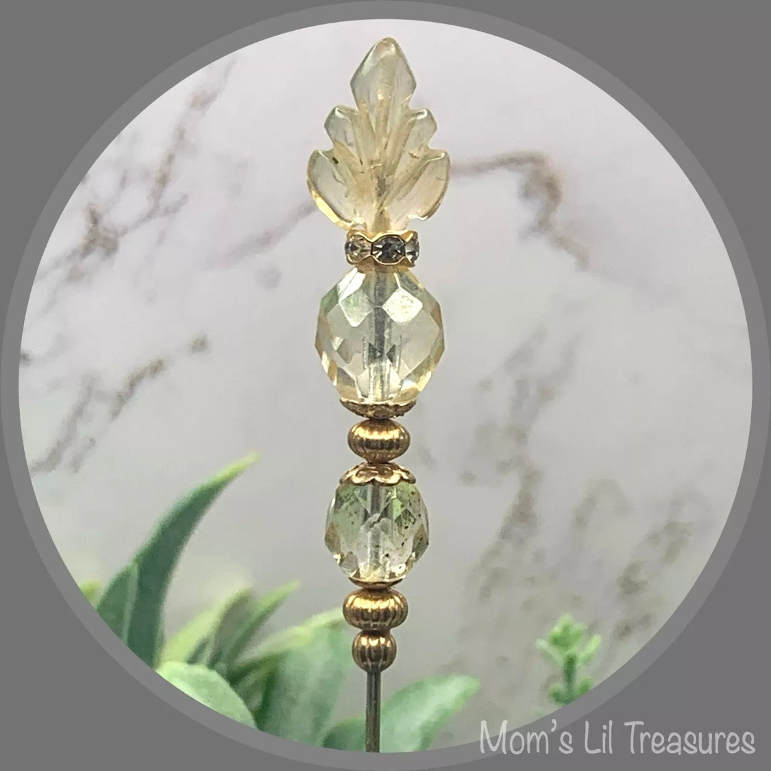 Light Yellow Glass Leaf Crystal Beaded - 6.25” Pin • Hatpin - Stick Pin