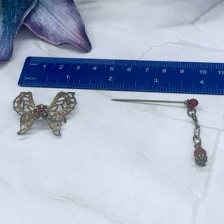 Butterfly Filigree Hair Clip Barrette Chain Dangle Red Crystal Hair Pin