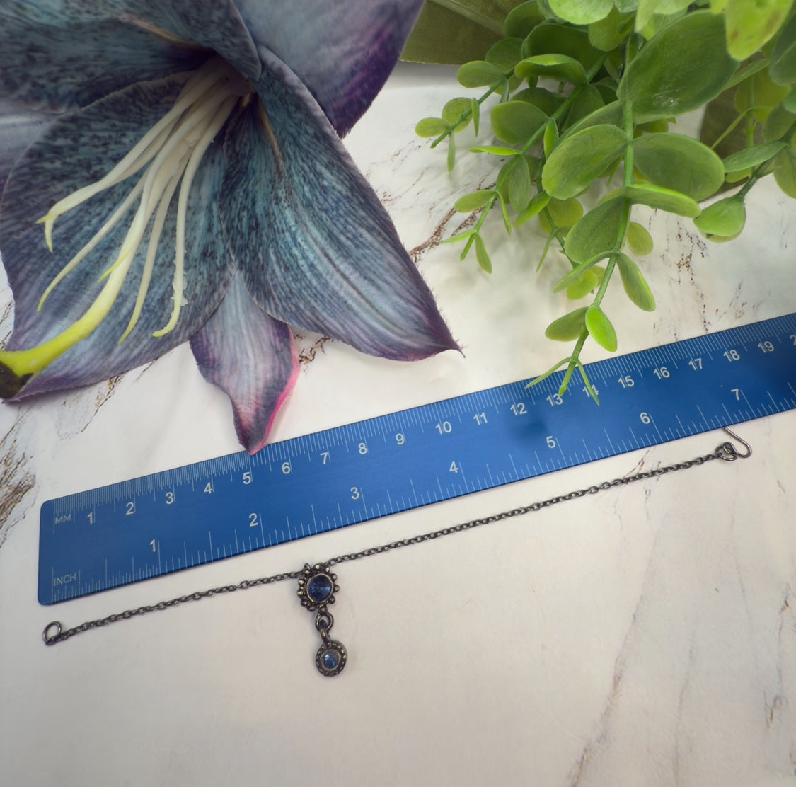 Blue Rhinestone Pendant Gun Metal Silver Chain Doll Necklace• 18 Inch Fashion Doll Jewelry