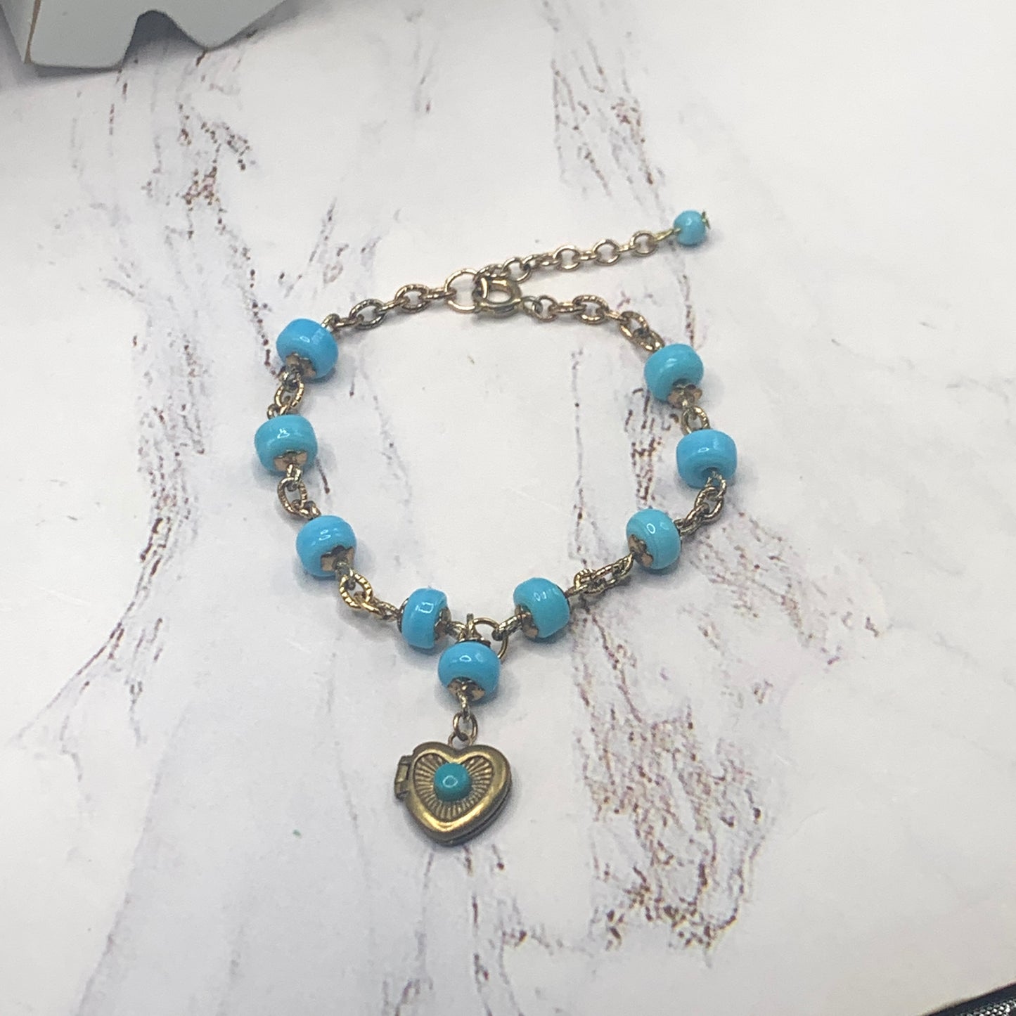 Blue Glass Beaded Heart Locket Gold Tone Chain Doll Necklace • 18” Doll Jewelry