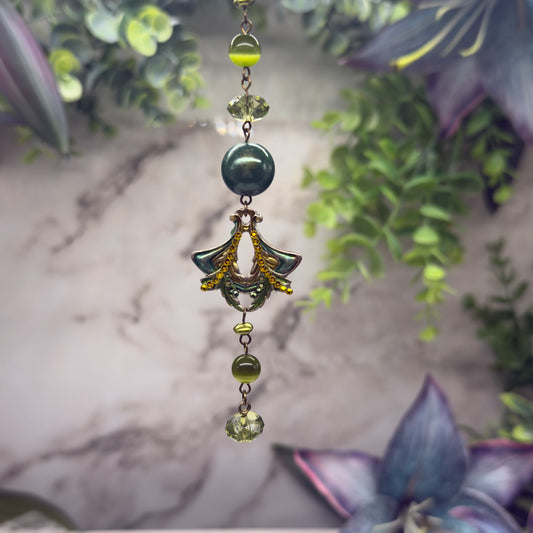 Green  Enamel  Rhinestone  Acrylic Beaded Chain • Car Mirror Charm / Sun Catcher