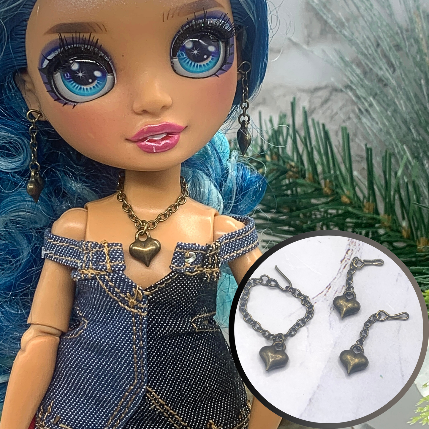 Heart Charm Chain Doll Necklace Earring Set for 10-12” Dolls fits Rainbow High