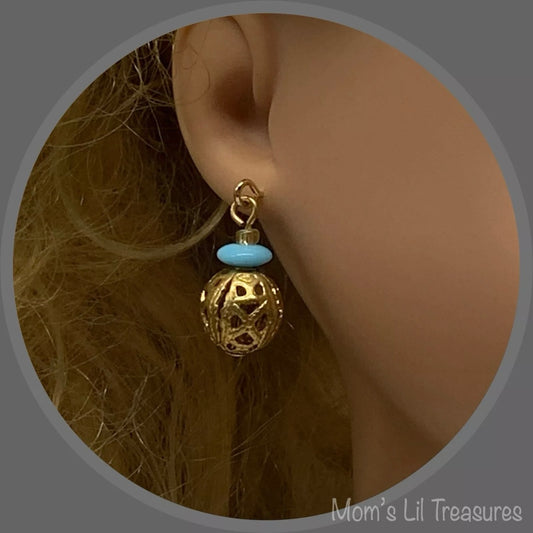 Blue Glass Gold Filigree Ball Dangle Doll Earrings • 18” Fashion Doll Jewelry